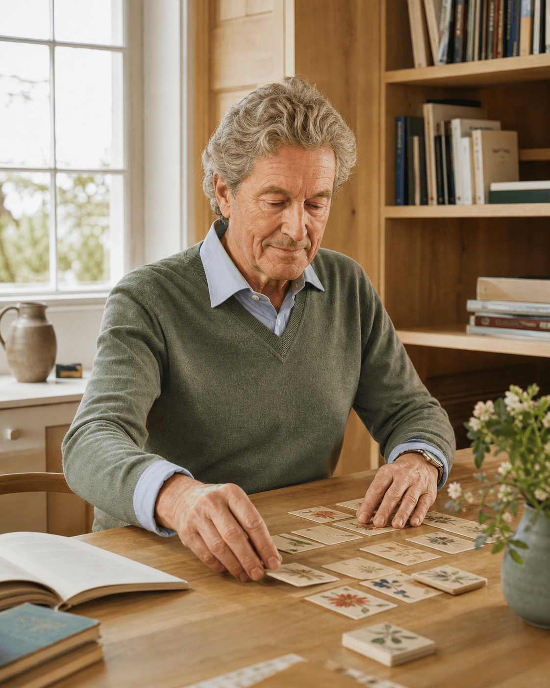 Senior participant enjoying a card-learning activity in a naturally lit home library
