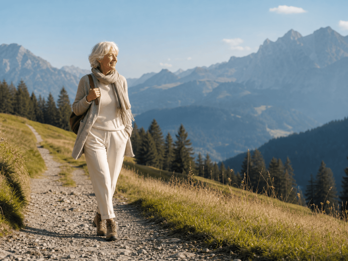 Eine aktive ältere Person, die selbstbewusst in den Schweizer Alpen bei Gstaad wandert