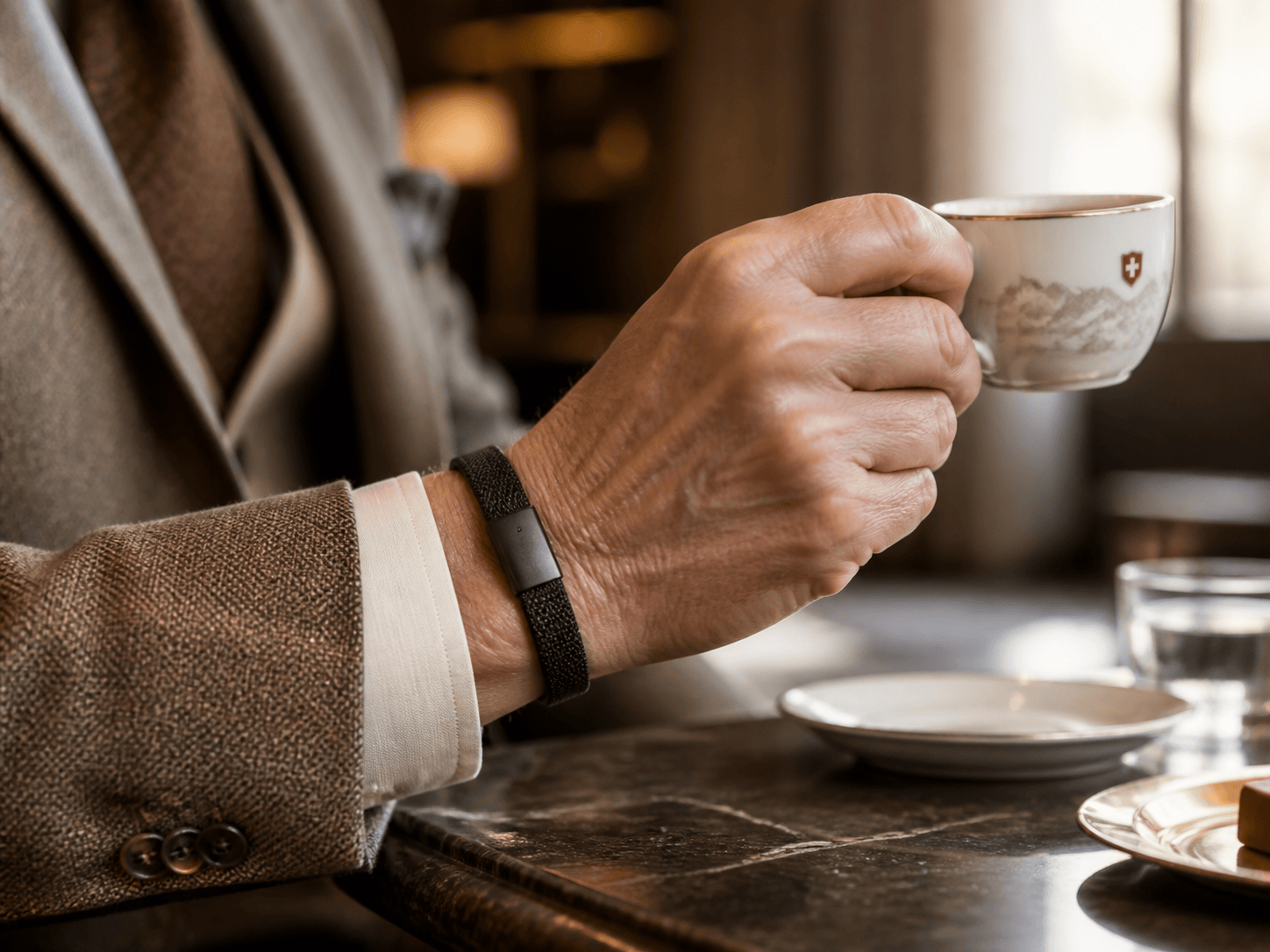Ein elegantes reifes Handgelenk mit einem diskreten spring4ever-Armband und einer Espressotasse